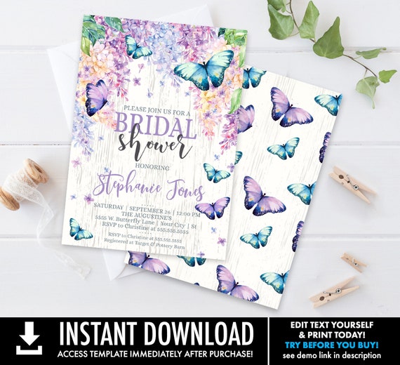 Butterfly Bridal Shower Invitation - Butterfly Shower, Spring, Garden Party | Self-Editing with CORJL - INSTANT DOWNLOAD Printable