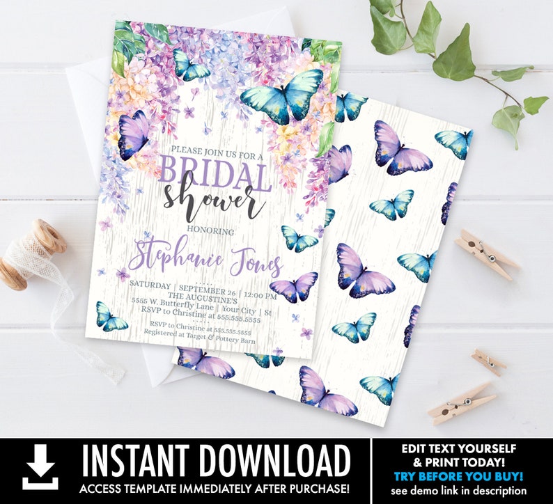 May include: A printable bridal shower invitation with a watercolor floral design featuring butterflies and a rustic wood background. The text reads "Please join us for a bridal shower honoring Stephanie Jones".