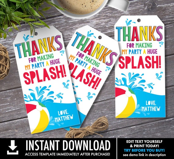 Pool Party Favor Tag - Thank You Tags, Birthday Party Favors, Summer | You Personalize using CORJL - INSTANT DOWNLOAD Printable