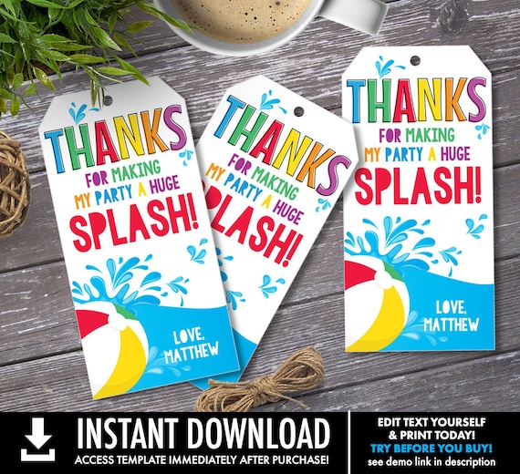 Pool Party Favor Tag - Thank You Tags, Birthday Party Favors, Summer | You Personalize using CORJL - INSTANT DOWNLOAD Printable