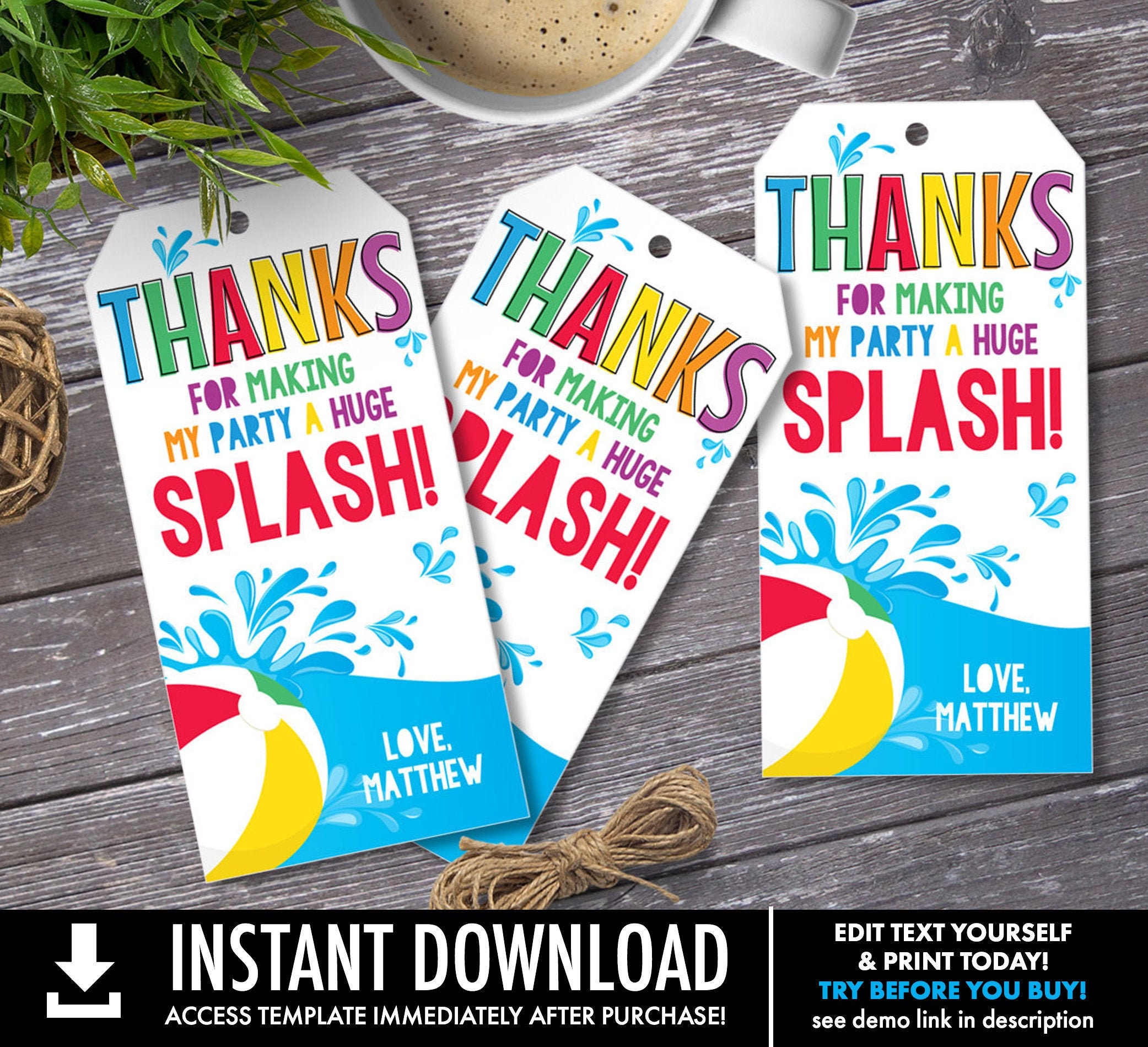 Pool Party Favor Tag Thank You Tags Birthday Party Favors Summer 