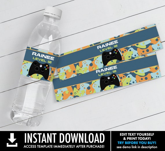 Video Game Party Water Bottle Label/Wrap - Video Game Drink Labels, Video Game Birthday | Self-Edit with CORJL - INSTANT DOWNLOAD Printable Il_570xn