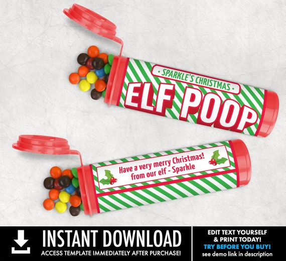 Elf Poop Mini m&m Tube Label,Christmas Party Favor, Elf Party,Santa's Naughty or Nice List| Self-Edit with CORJL INSTANT Download Printable