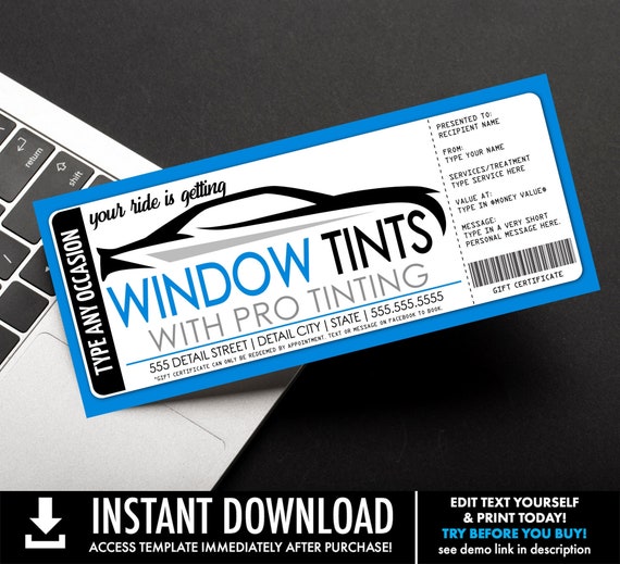 Car Window Tinting Gift Certificate, Window Tints Voucher, Surprise Window Tint Gift, Last Minute Gift,  | Edit with CORJL–INSTANT DOWNLOAD