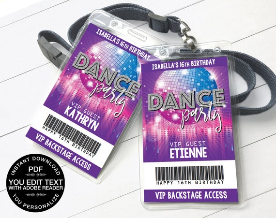 Dance Party VIP Badge, Disco Dance Party, Rock n Roll Party | Self-Editing Text D.I.Y. Editable Text INSTANT DOWNLOAD Printable Il_570xn