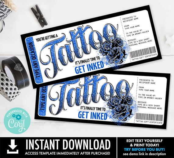 Tattoo Gift Certificate - Roses Design,Get Inked Gift Card Voucher ,Birthday, Anniversary | Self-Edit with CORJL-INSTANT DOWNLOAD Printable