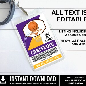 Insignias de Basketball All Star, Cumpleaños de baloncesto, Plantilla de cordón de pase VIP de baloncesto / Personalizar usando CANVA - Descarga INSTANTE Imprimible imagen 3