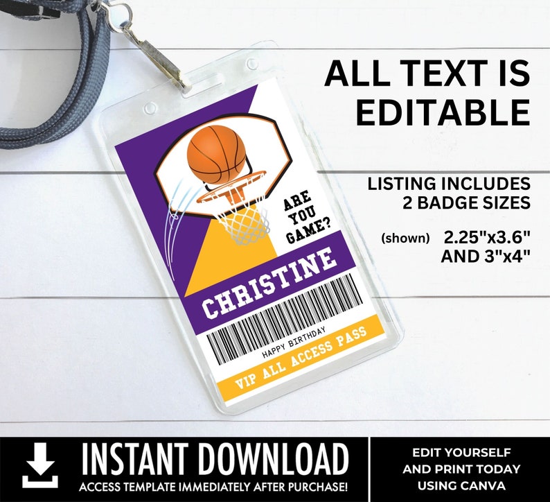 Insignias de Basketball All Star, Cumpleaños de baloncesto, Plantilla de cordón de pase VIP de baloncesto / Personalizar usando CANVA - Descarga INSTANTE Imprimible imagen 3