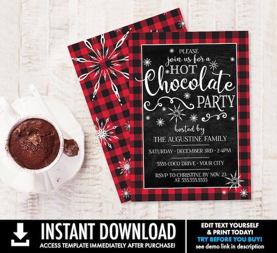 Hot Chocolate Party Invitation - Hot Chocolate Bar, Buffalo Plaid,Hot Cocoa Bar | Self-Edit with CORJL - INSTANT DOWNLOAD Printable Template
