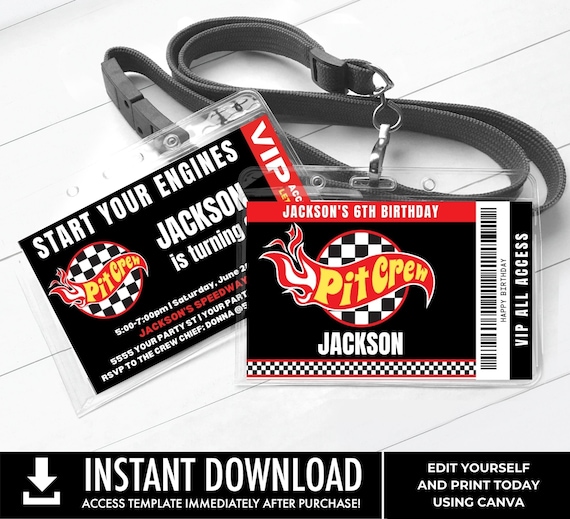 Pit Crew Badge-Invite, Cars Birthday Party, VIP All Access Badge,Pit Crew ID Badge,Race Car | Edit using CANVA–Instant Download Printable