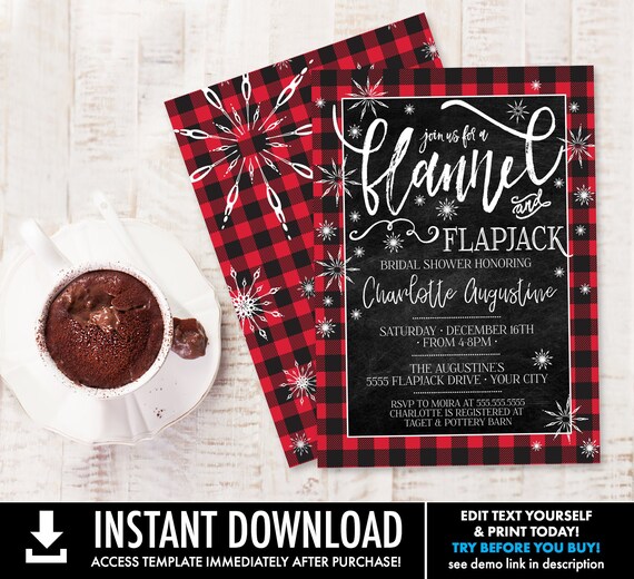 Flannel & Flapjack Bridal Shower Invitation - Buffalo Plaid Shower, Christmas Shower | Self-Editing with CORJL - INSTANT DOWNLOAD Printable