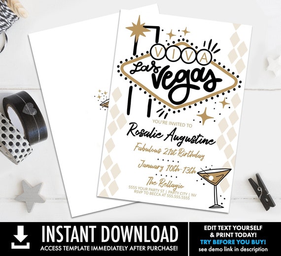 Las Vegas Birthday Invitation, Las Vegas Birthday Weekend Invites, Vegas Party | Self-Edit with CORJL INSTANT DOWNLOAD Printable Template