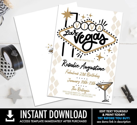 Las Vegas Birthday Invitation, Las Vegas Birthday Weekend Invites, Vegas Party | Self-Edit with CORJL INSTANT DOWNLOAD Printable Template Il_570xn