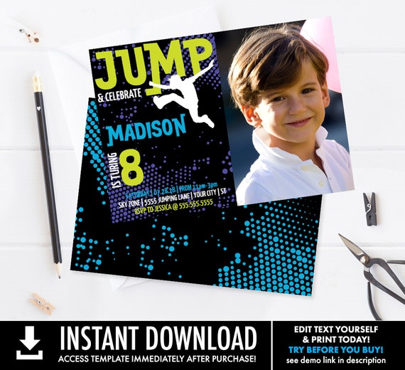 Jump Party Photo Invitation - Trampoline Invite, Jump & Play, Bounce On Over | Self-Edit with CORJL INSTANT DOWNLOAD Printable Template