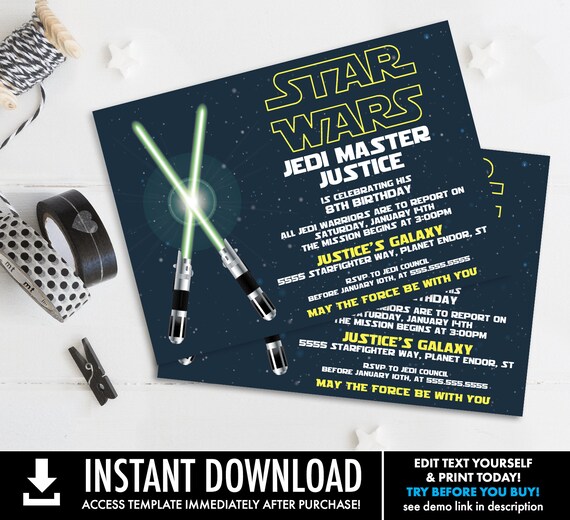 Star Wars Invitation - Star Wars Birthday Party,Star Wars Party,Green Lightsaber | Self-Edit with CORJL INSTANT DOWNLOAD Printable Template Il_570xn