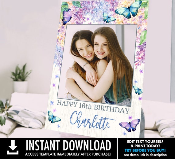 Butterfly Birthday Photo Booth Frame - 24x36 Personalize Photo Prop, Birthday Sign | Self-Edit with CORJL - INSTANT DOWNLOAD Printable