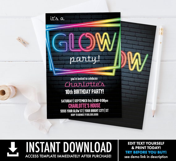 Neon Glow Party Invitation - Neon Glow Birthday, Glow Party Theme, pink | Self-Edit with CORJL - INSTANT DOWNLOAD Printable Template