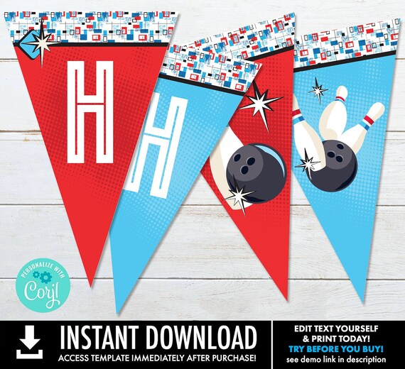 Bowling Party Banner - Bowling Birthday Party, Retro Bowling Decor, Bowling Bunting | Self-Editing with CORJL - INSTANT DOWNLOAD Printable