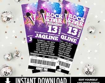Rockstar Party Ticket-Einladungen - Party wie ein Rockstar-Rock n Roll-Geburtstag | Mit CANVA bearbeitet - SOFORTIGER DOWNLOAD druckbare Vorlage