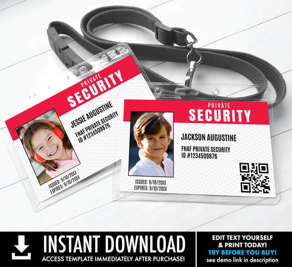 FNAF Freddy's Security ID Badge, Video Gamer Birthday Party Badge, I.D. Name Tag | Personalize using Corjl–INSTANT Download Printable