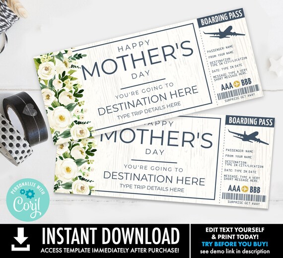 Mother's Day Boarding Pass Surprise Trip Voucher, Vaction Gift Certificate | Self-Edit with CORJL - INSTANT DOWNLOAD Printable