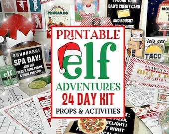 May include: Printable Elf Adventures 24 Day Kit props and activities. The kit includes a variety of printable props and activities, such as a spa day sign, a Santa's Nice List sign, and a pizza sign. The kit is perfect for adding some fun to your Christmas celebrations.