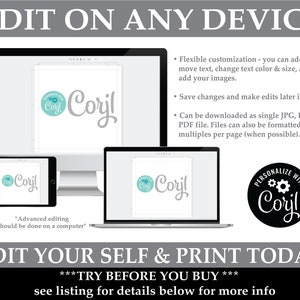 May include: A digital product mockup showing a customizable template with the text "Coryl" in a teal blue colour. The template can be edited on any device and downloaded as a JPG, PNG, or PDF file.