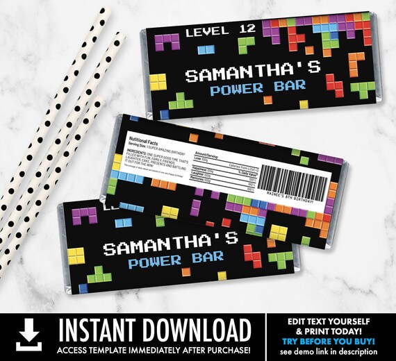 Retro Video Gamer Candy Bar Label/Wrapper - Video Game Party Favor, Gamer Birthday | D.I.Y. Editable Text INSTANT DOWNLOAD Printable Il_570xn