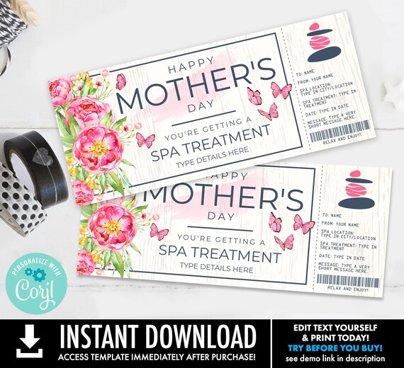 Mother's Day Spa Treatment Surprise Gift Voucher, Spa Day, Spa Gift Certificate | Self-Edit with CORJL - INSTANT DOWNLOAD Printable