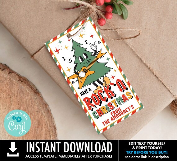 Retro Rock This Christmas Gift Tag, Rock'n Around the Christmas Tree,Christmas Gift Tag | Personalize with CORJL-INSTANT Download Printable