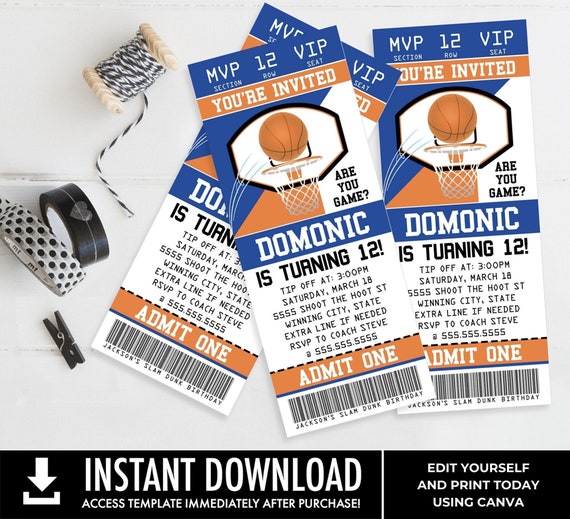 Basketball Ticket Invitation, Basketball Birthday Party, Ticket Invite | You Personalize using CANVA - INSTANT Download Printable