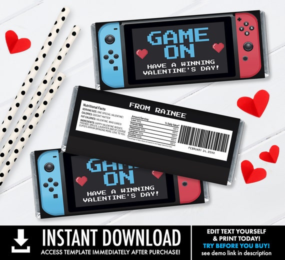 VALENTINE Switch "Game On" Candy Bar Label/Wrap-Video Game Candy Label | Self-Edit with CORJL - INSTANT Download Printable Il_570xn