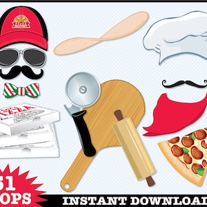 Pizza Photo Booth Props, Pizza Party, Pizza Delivery, Baking Party, Italian Party, Chef Hat - Instant Download PDF - 51 DIY Printable Props