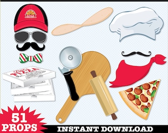 Pizza Photo Booth Props, Pizza Party, Pizza Delivery, Baking Party, Italian Party, Chef Hat - Instant Download PDF - 51 DIY Printable Props