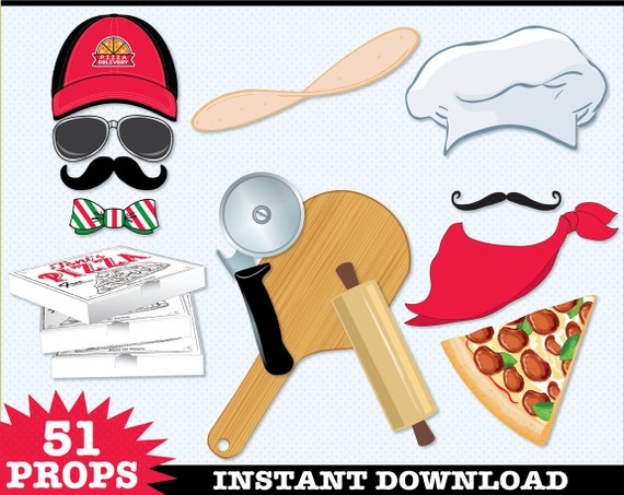 Pizza Photo Booth Props, Pizza Party, Pizza Delivery, Baking Party, Italian Party, Chef Hat - Instant Download PDF - 51 DIY Printable Props