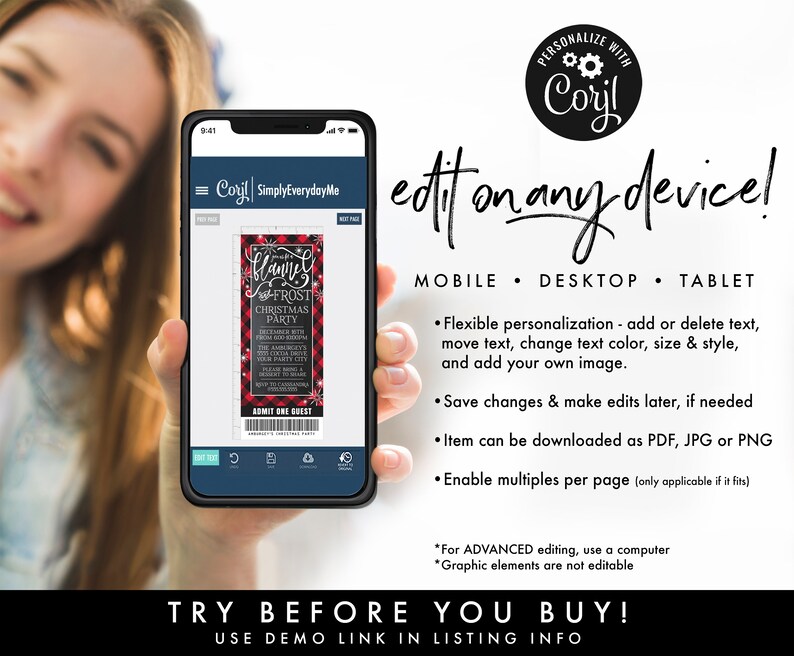 May include: A digital mockup of a red and black plaid Christmas party invitation with the text "Flannel Frost Christmas Party" on a smartphone screen. The text "PERSONALIZE WITH Coril" is in a circle with gears. The text "edit on any device!" is in a handwritten font. The text "MOBILE. DESKTOP. TABLET" is below the text "edit on any device!" The text "TRY BEFORE YOU BUY! USE DEMO LINK IN LISTING INFO" is at the bottom of the image.