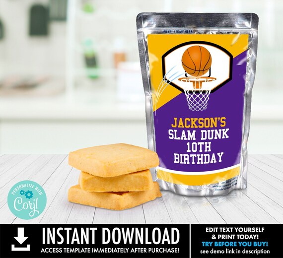 Basketball Party Capri Sun Label, Juice Pouch Labels, Basketball Birthday, Drink Label | Personalize using CORJL–INSTANT DOWNLOAD Printable