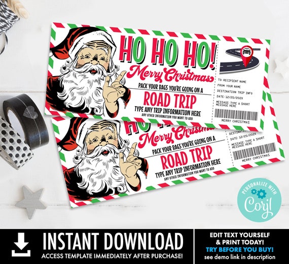 Christmas Road Trip, Surprise Ticket Gift Voucher, Road Trip, Holiday Vacation | Self-Edit with CORJL - INSTANT DOWNLOAD Printable