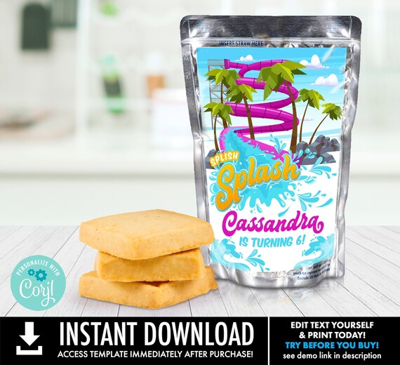 Waterslide or Waterpark Birthday Party,Pouch Drink Label, Juice Drink Label | You Personalize using CORJL–INSTANT DOWNLOAD Printable