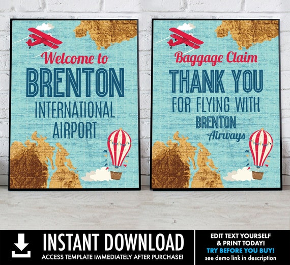 Retro Airplane 8"x10" Signs - Hot Air Balloon Sign, Aviator Signs,Map Signs,1st Birthday | Self-Edit with CORJL - INSTANT Download Printable