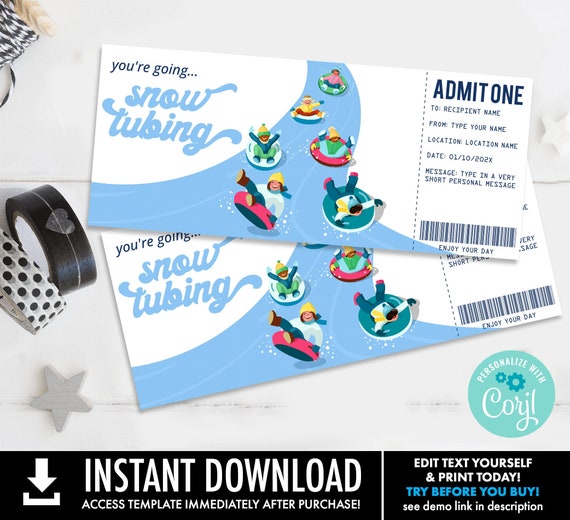 Snow Tubing Gift Certificate, Snow Sledding Surprise Gift Voucher | You Personalize with CORJL - INSTANT DOWNLOAD Printable Template