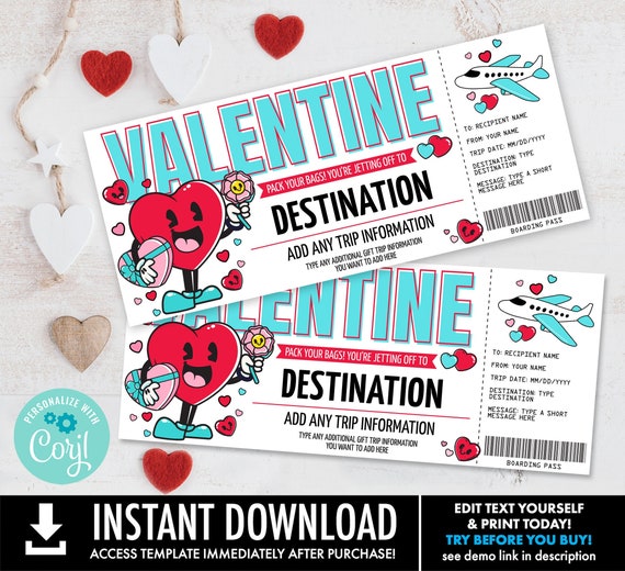 Valentine Boarding Pass Ticket, Surprise Valentine Trip Ticket, Trip Gift Certificate | Self-Edit with CORJL-INSTANT DOWNLOAD Printable