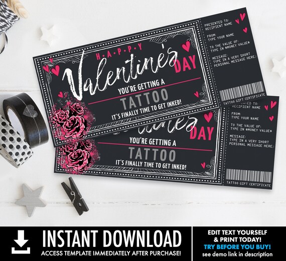 Valentine Tattoo Gift Certificate Roses Design Get Inked Gift Card Voucher Surprise Self Edit With Corjl Instant Download Printable By Simplyeverydayme Catch My Party