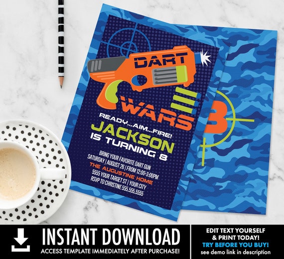 Dart Wars Invitation, Dart Wars Party, Dart Battle, Dart Gun, Target Party | Self-Edit with CORJL - INSTANT DOWNLOAD Printable Template Il_570xn