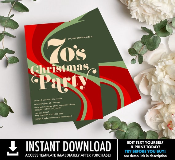 Editable 70s Groovy Christmas Party Invite, Retro 70's Hippie Christmas Invite | You Personalize using CORJL-INSTANT DOWNLOAD Printable