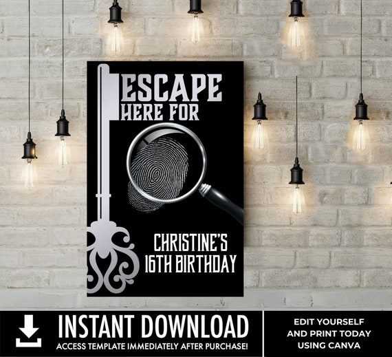 Escape Room Party 24"x36" Poster, Mystery Party Sign, Birthday Party Sign, Welcome Party Sign | Edit with CANVA - INSTANT DOWNLOAD Printable