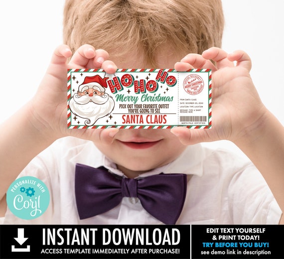 Santa Claus Photo Ticket, Pictures with Santa Claus Voucher, Retro Santa Gift Certificate | Self-Edit with CORJL-INSTANT Download Printable