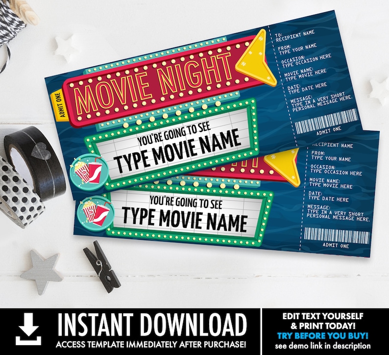 Pu&ograve; includere: Modello di biglietto per la serata cinema stampabile con un cartello a marquee rosso e giallo che dice "Serata cinema". Il modello ha spazio per digitare il nome del film, la data e un messaggio personale. Il testo "Stai per vedere" &egrave; stampato sul biglietto.