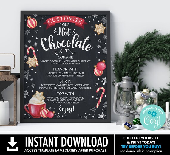 Christmas Hot Chocolate Party Sign/Menu - Hot Coco Bar, Chocolate Bomb Party, Cocoa | Self-Edit with CORJL - INSTANT DOWNLOAD Printable