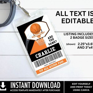 Basketball All Star ID Badge Basketball Party, Basketball VIP All Access Pass You Personalize using CANVAInstant Download Printable image 2